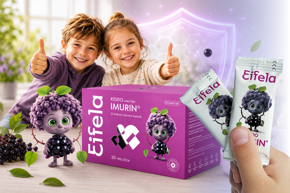Deti s produktom IMURIN KIDDO vrecúška určeným na podporu detskej imunity a črevného mikrobiómu.