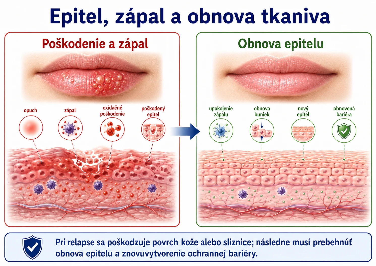 Schéma porovnáva poškodenie epitelu pri herpese s následnou obnovou povrchu kože alebo sliznice.