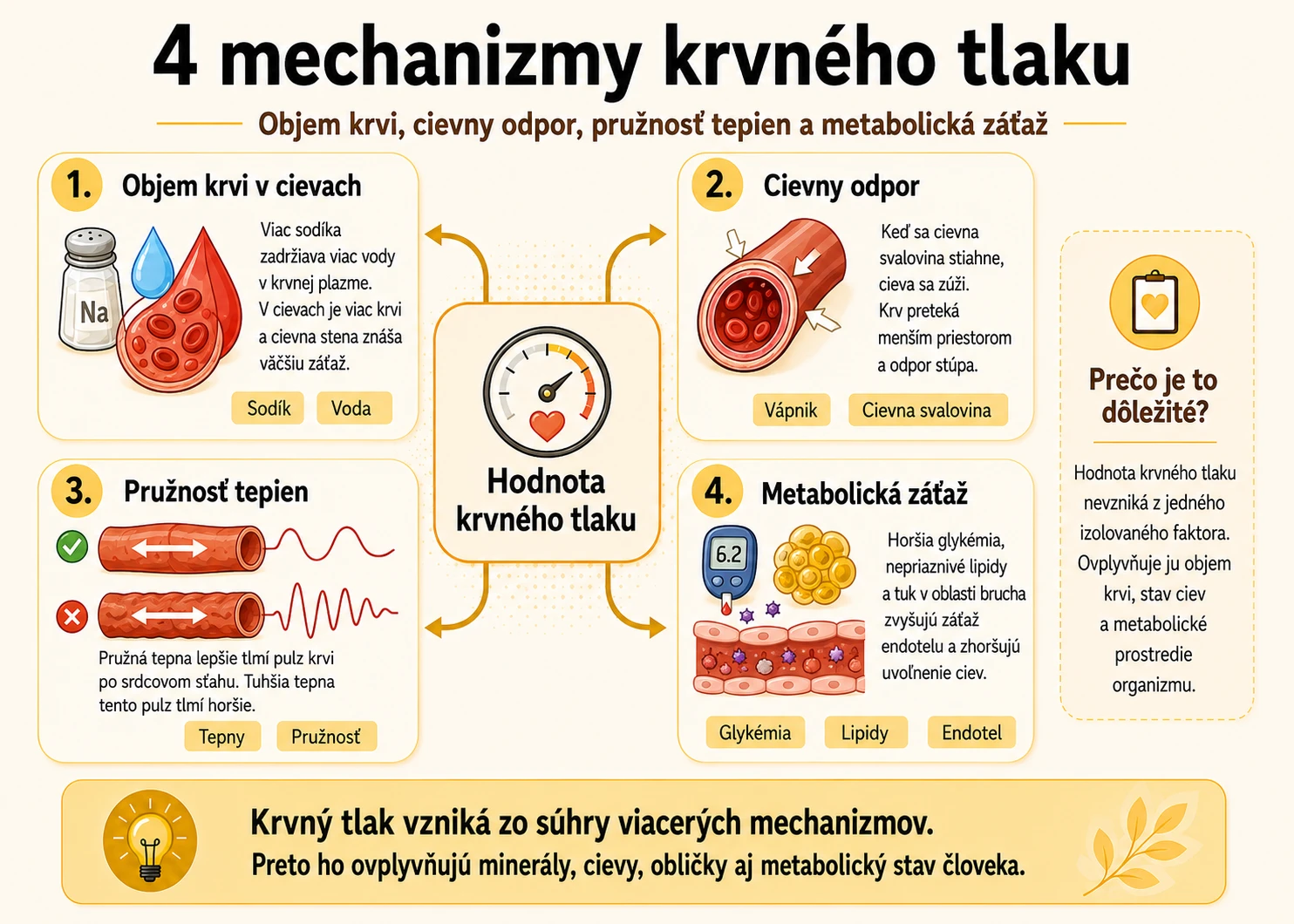 štyri mechanizmy krvného tlaku. Objem krvi, cievny odpor, pružnosť tepien a metabolická záťaž