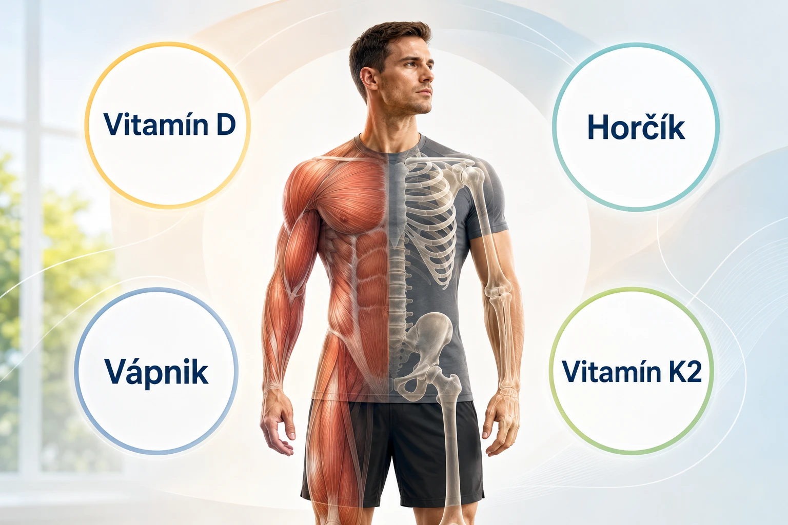 Kľúčové vitamíny a minerály podporujúce zdravie svalov a kostí – vitamín D, horčík, vápnik a vitamín K2.